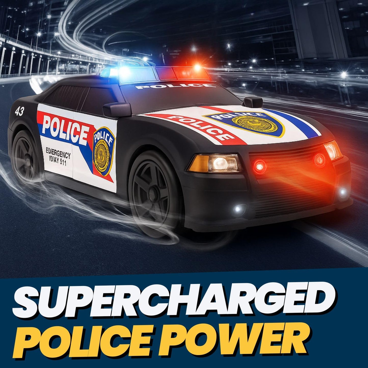Liberty Imports Motorized Police Cruiser Kids Toy Cop Car Electric Model Rush & Rescue Vehicle 1/16 Scale with Button Activated Forward Reverse