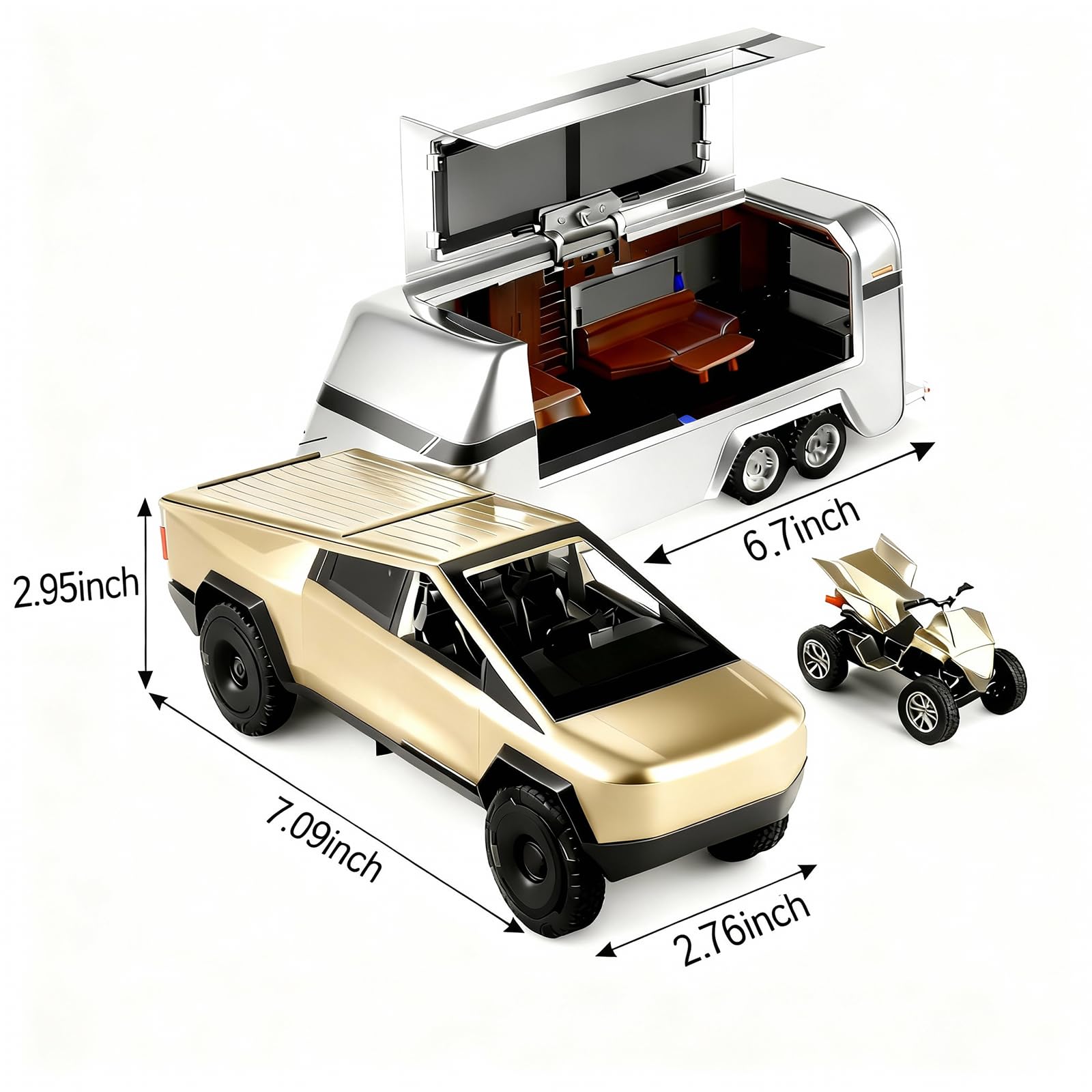Suvabe 1/32 Pickup Truck Toy car 3-in-1 Travel RV Set with Metal Pickup, Removable Camper & Off-Road Motorcycle Cool Sound & Light Effects,Christmas