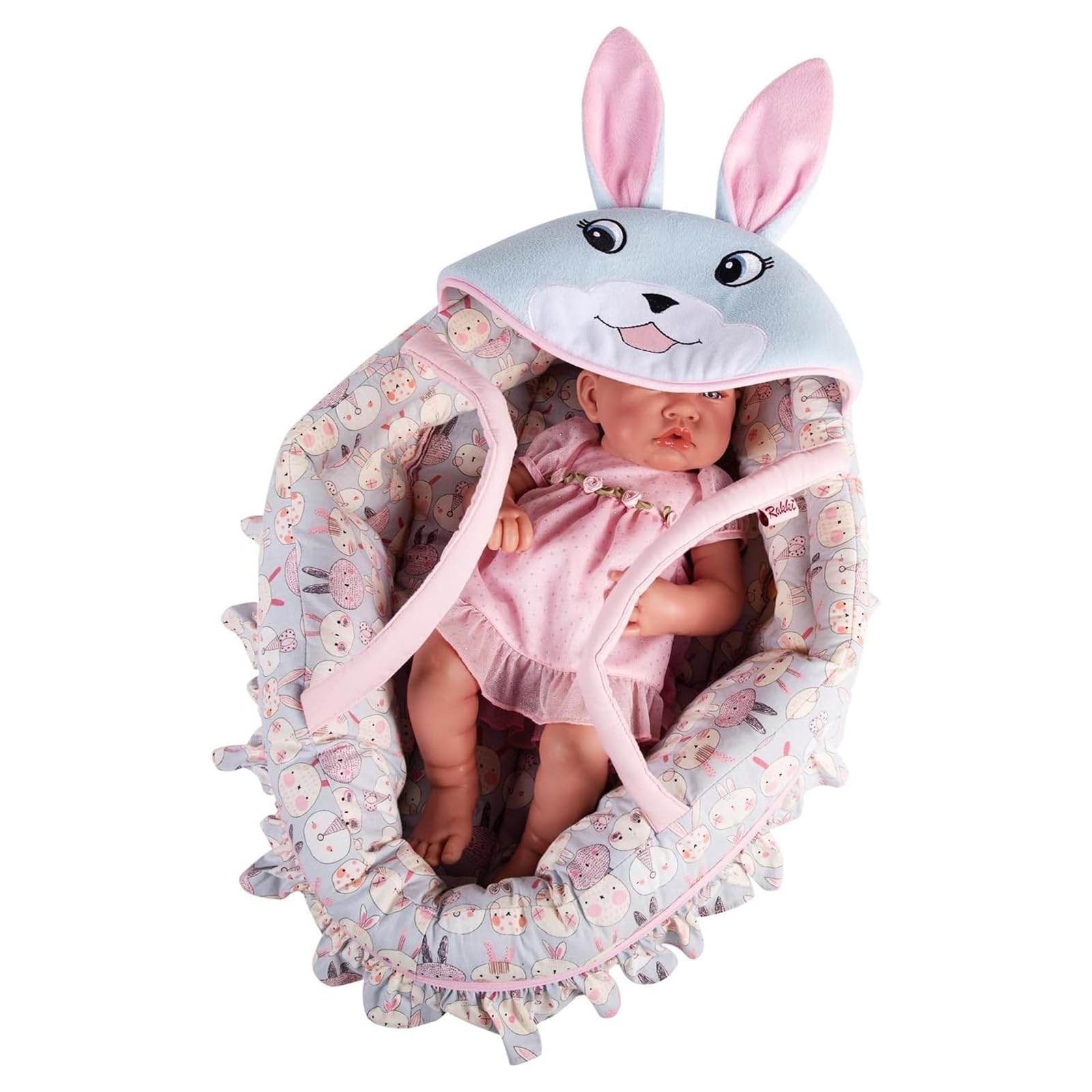 Rakki Dolli Doll Carry Cot Doll Carry Crib Doll Carrier with Fashion Embroidered Rabbit Face, Fits for 16” 18” American Girl Dolls