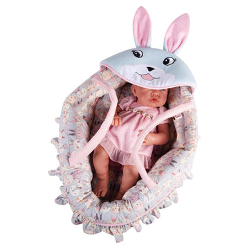 Rakki Dolli Doll Carry Cot Doll Carry Crib Doll Carrier with Fashion Embroidered Rabbit Face, Fits for 16” 18” American Girl Dolls