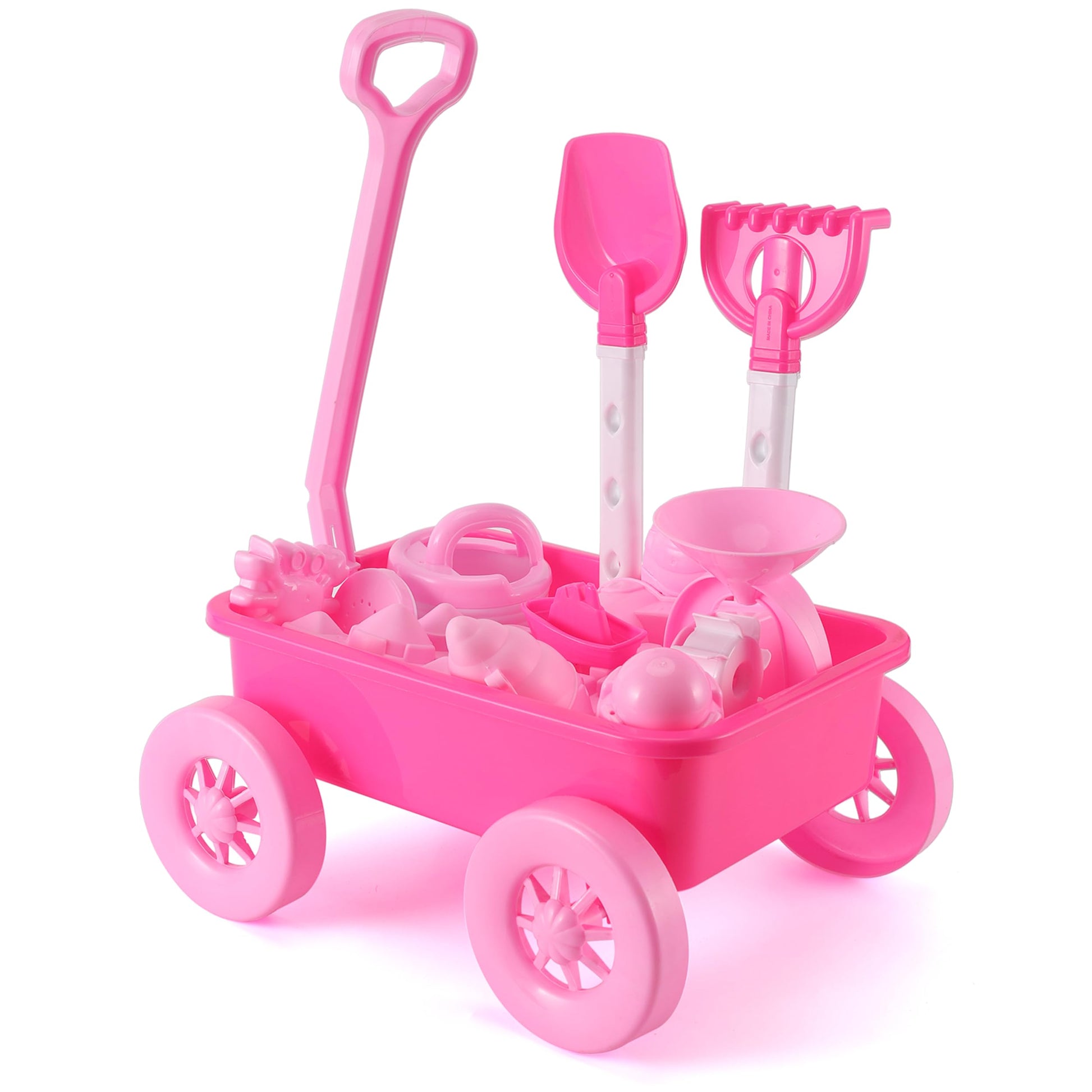 Liberty Imports 14 PCS Pink Princess Beach Wagon Plastic Toy Playset for Kids with Castle Molds, Sand Wheel, Water Pail, Play Tools and Featured Molds