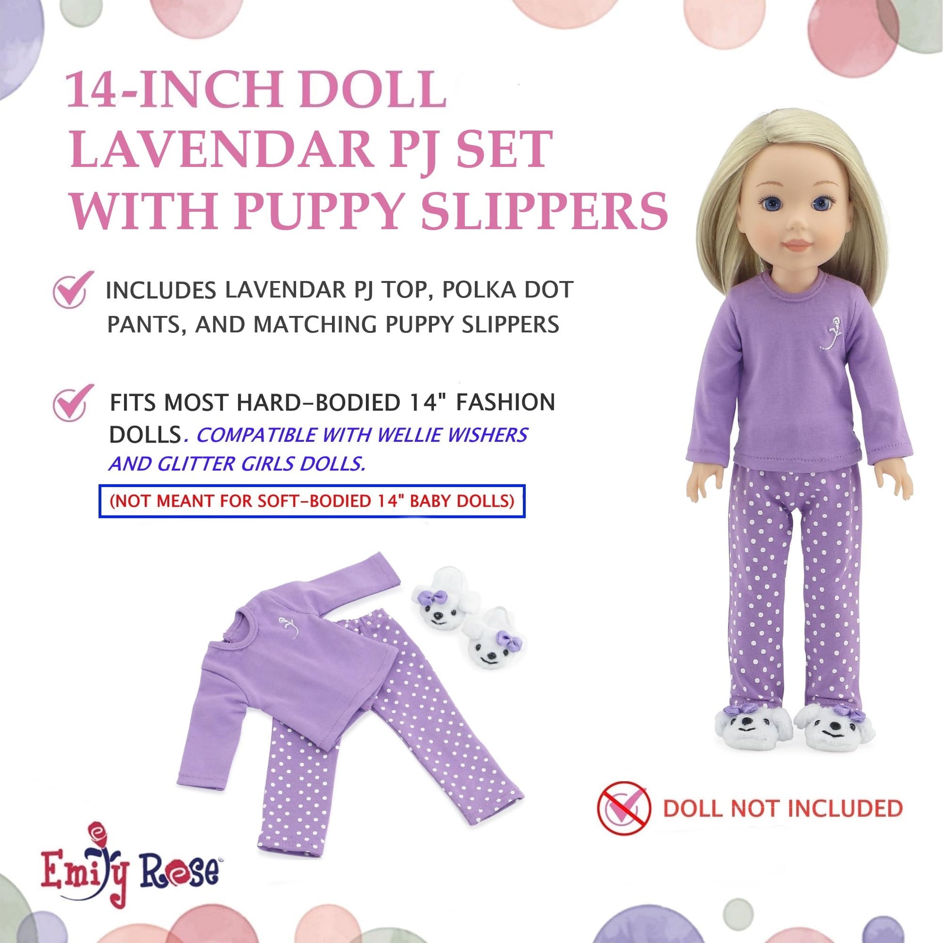 Emily Rose 14 Inch Doll Purple Polka Dot Pajama Set Gift Boxed | USA Brand 3-Piece Sleeping Outfit with Fluffy Puppy Slippers | Encourages Creative