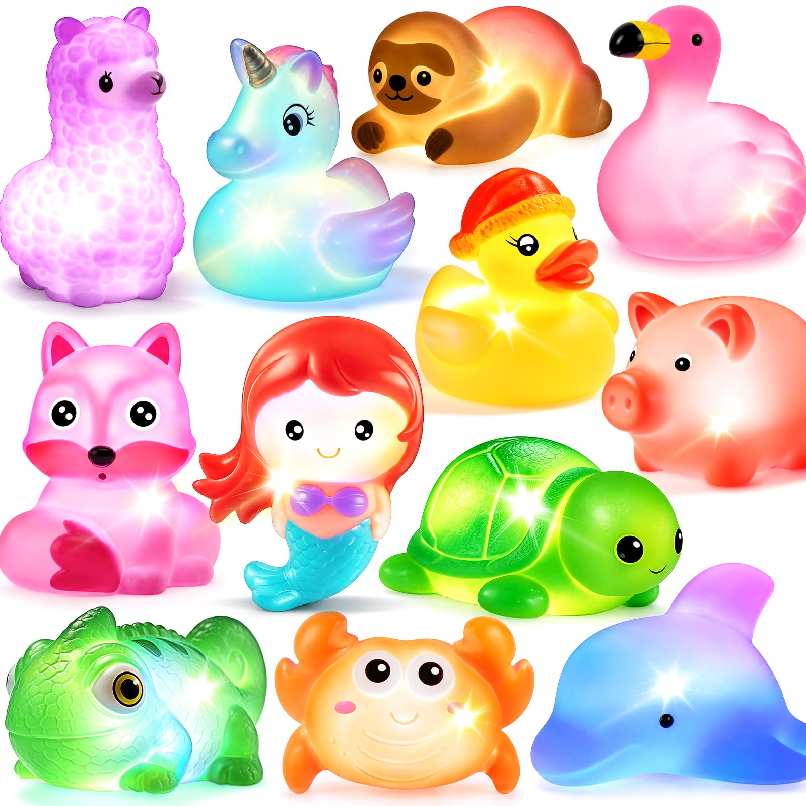 No Hole Bath Toy, 12 Pack Light up Animal, Flashing Color Tub Toys for Toddler Swimming Pool Party Bathtub Bathroom Shower Game, Bathtub Floating