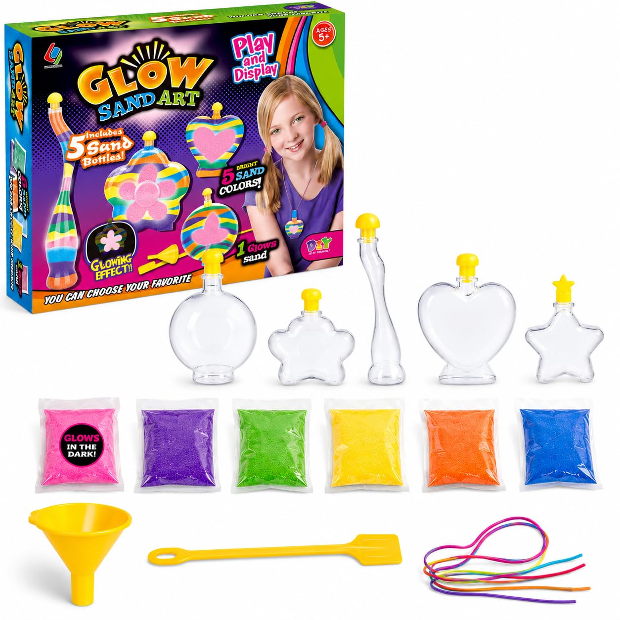 Glow Sand Art Kit, DIY Craft for Girls w/ 5 Necklace Bottles