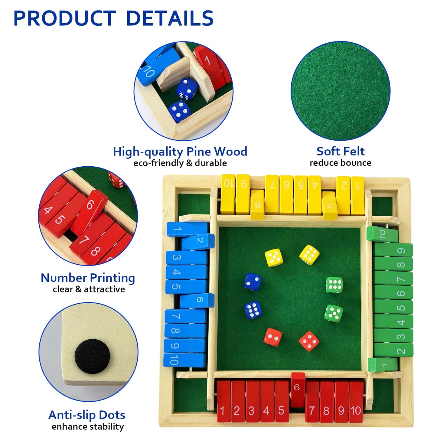 Shut The Box Dice Game 4 Player, Wooden Board Table Games for Kids and Adults, Addition Math Games for Family, Classroom, Party or Bar (10 Numbers)