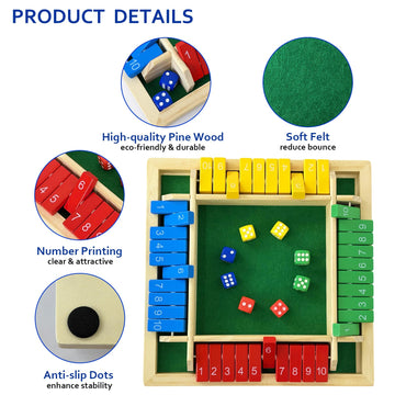 Shut The Box Dice Game 4 Player, Wooden Board Table Games for Kids and Adults, Addition Math Games for Family, Classroom, Party or Bar (10 Numbers)