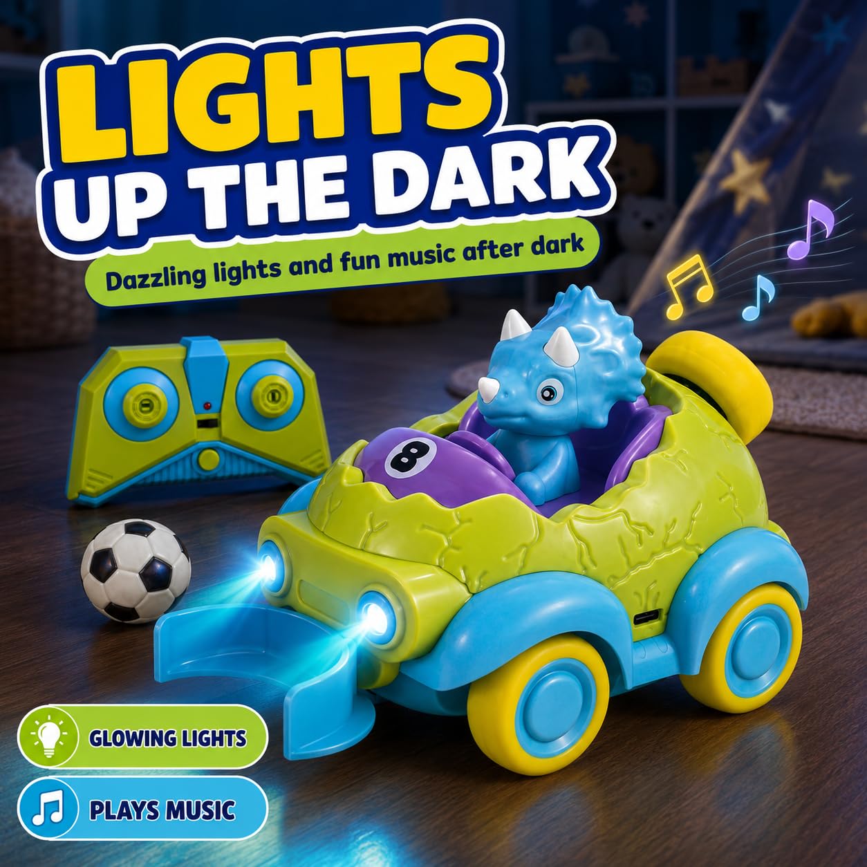ToyFinity Remote Control Dino Car - Soccer Ball Mode, USB Charged
