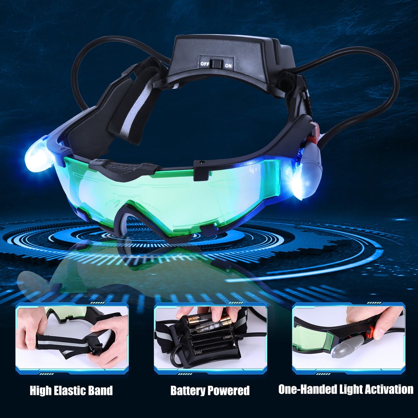 ALLOMN Spy Night Vision Goggles with Flip-Out, Adjustable Kids LED Night Green Lens Glasses for Hunting Racing Bicycling, Skying to Protect Eyes