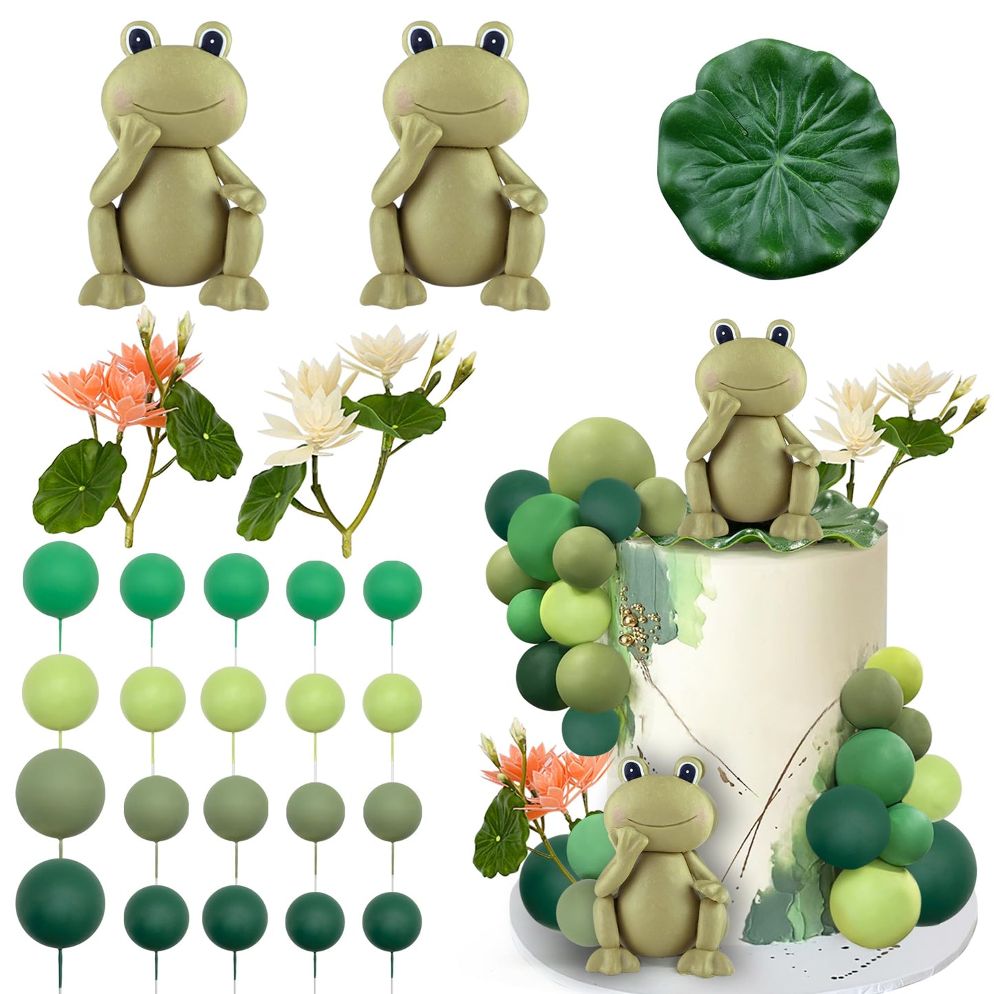 25 PCS Frog Cake Topper Frog Cake Decorations Ball Cake Topper for Frog Birthday Rainforest Party Decoration