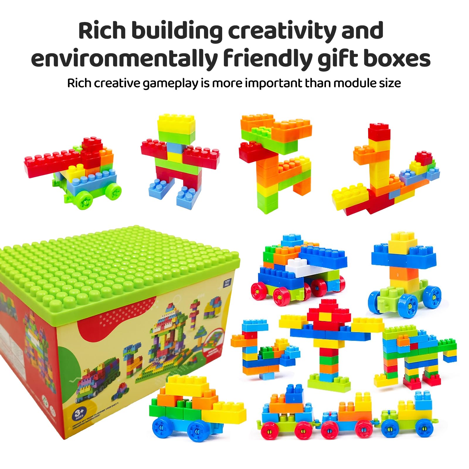 DUVRY 2025 Latest 177 PCS 1 * 1-1 * 3 Inch Large Building Blocks for Toddlers Ages - Brick Set with Cars & Baseplate, Educational STEM Toy for Kids,1