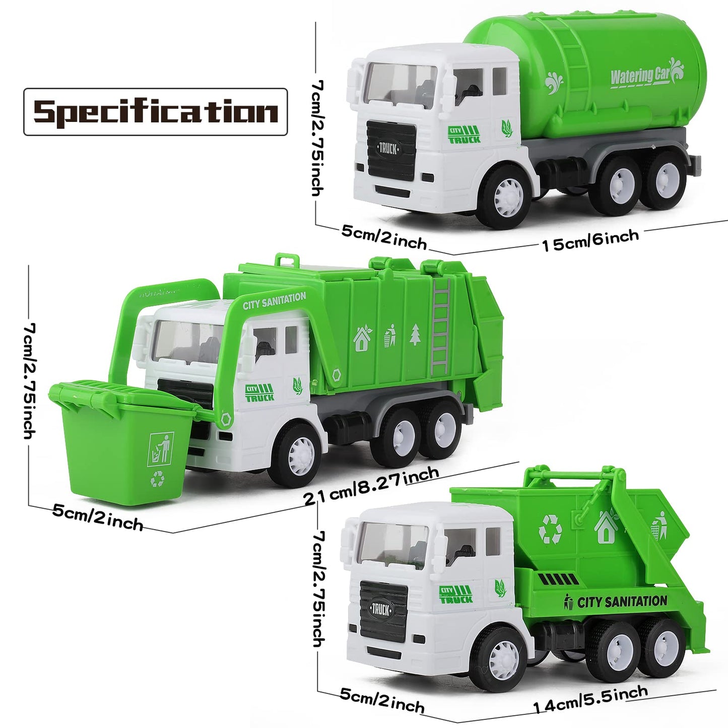Y.L. DOYMX Garbage Truck Toy, 3 Pack Friction Powered Waste Management Garbage Truck Game with Front Load Dumpster, Back Dump Garbage,4 Trash Bins