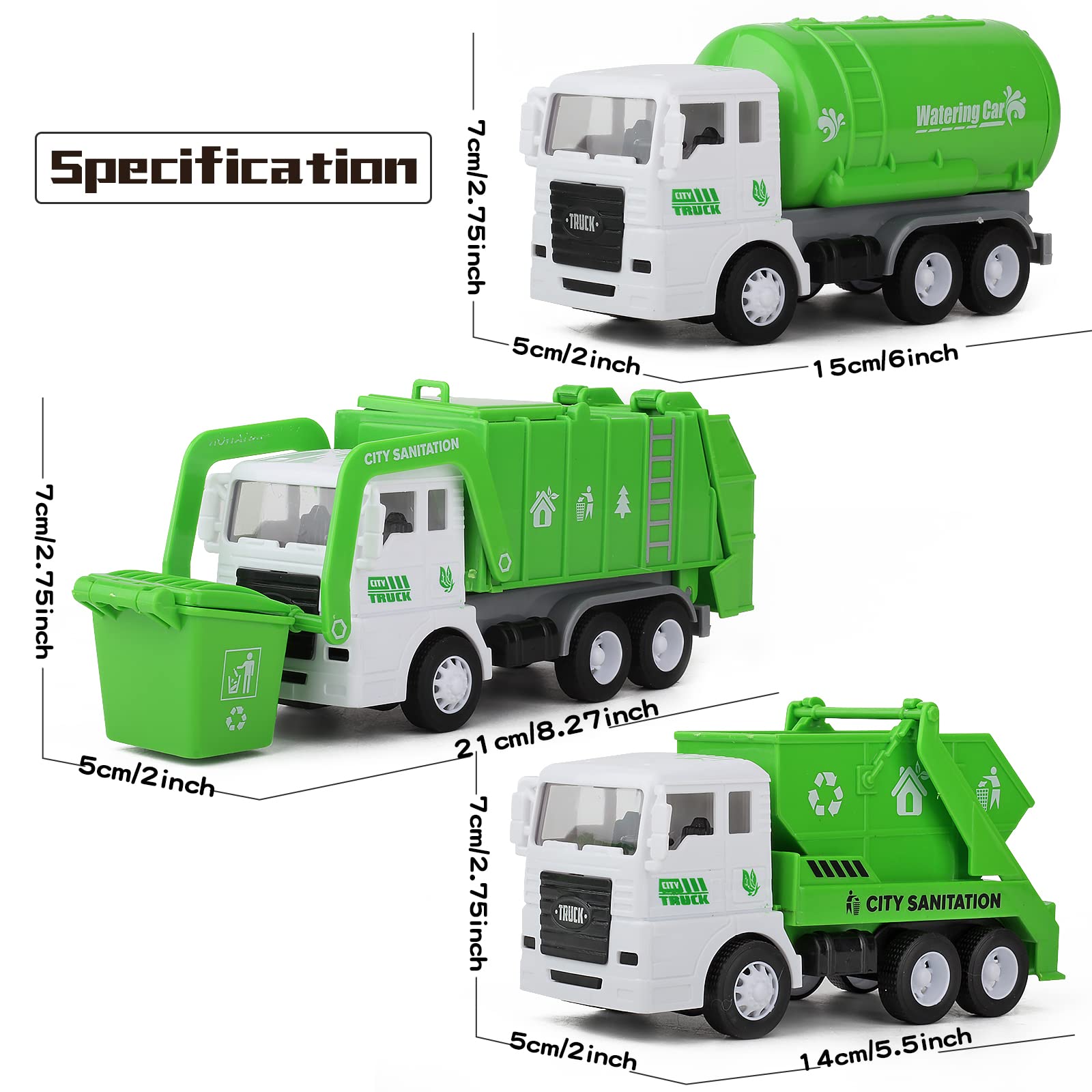 Y.L. DOYMX Garbage Truck Toy, 3 Pack Friction Powered Waste Management Garbage Truck Game with Front Load Dumpster, Back Dump Garbage,4 Trash Bins