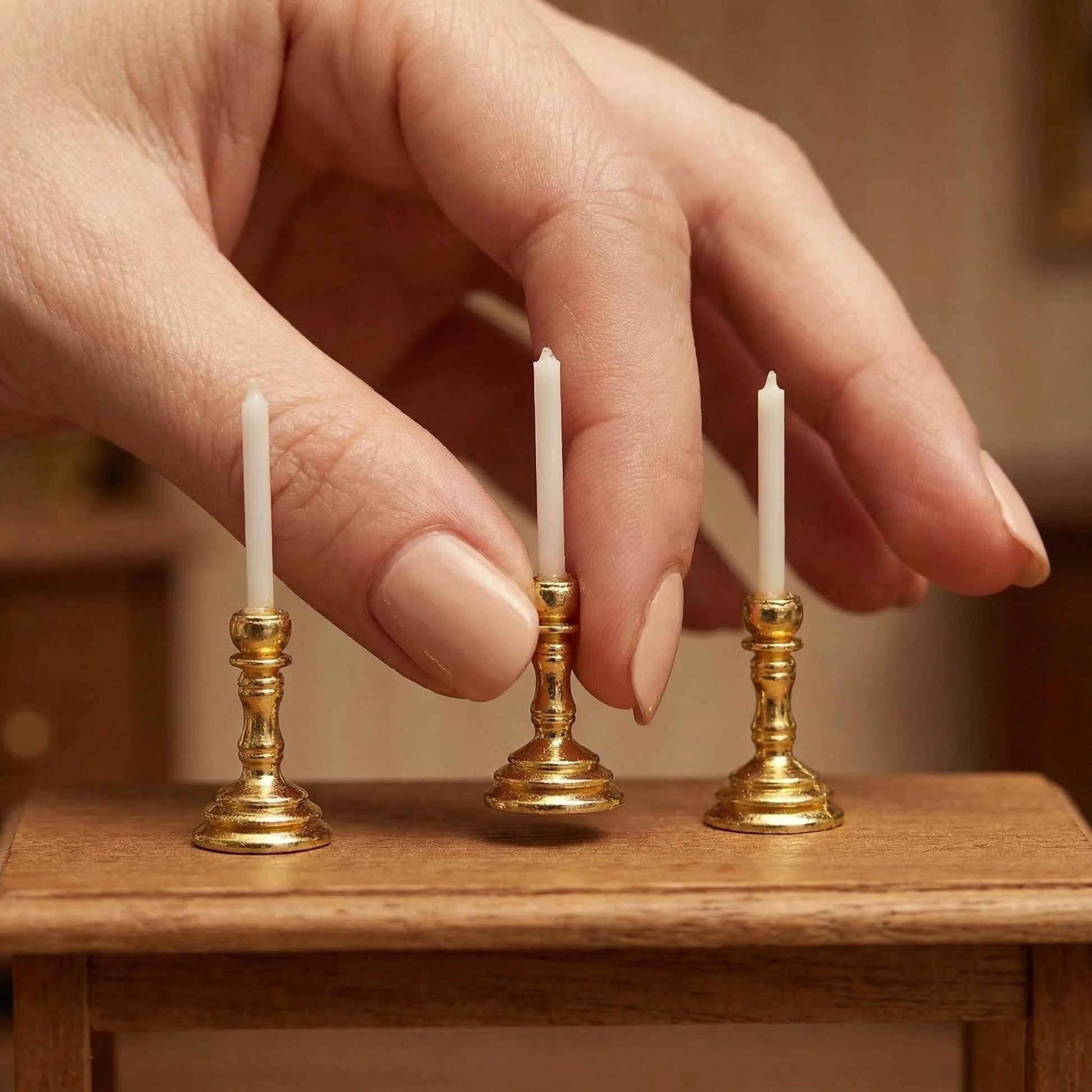 3PCS Vintage Miniature Candlesticks Set 1:12 Scale Metal Base Candle Holder for Miniature Room DIY Miniature Scene, or Desktop Display (Golden)