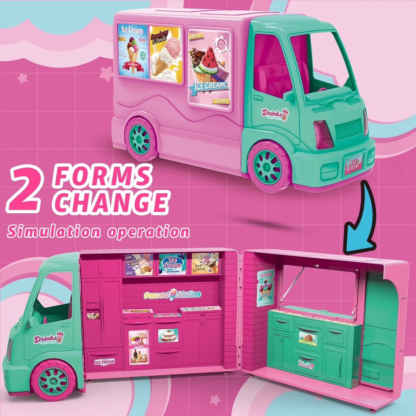 Dollhouse Ice Cream Truck Playset for Girls - Kids Kitchen Pretend Play Food Dessert Truck Toy with Doll, Table, Chairs & Accessories - Birthday Gift