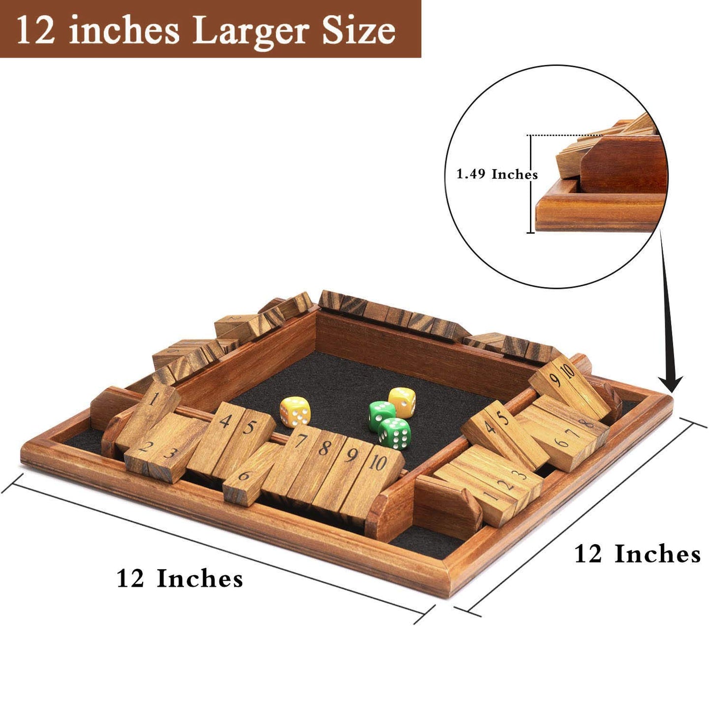 AMEROUS 1-4 Players Shut The Box Dice Game, Wooden Board Table Math Game with 12 Dice and Shut-The-Box Instructions for Kids Adults, Family Classroom