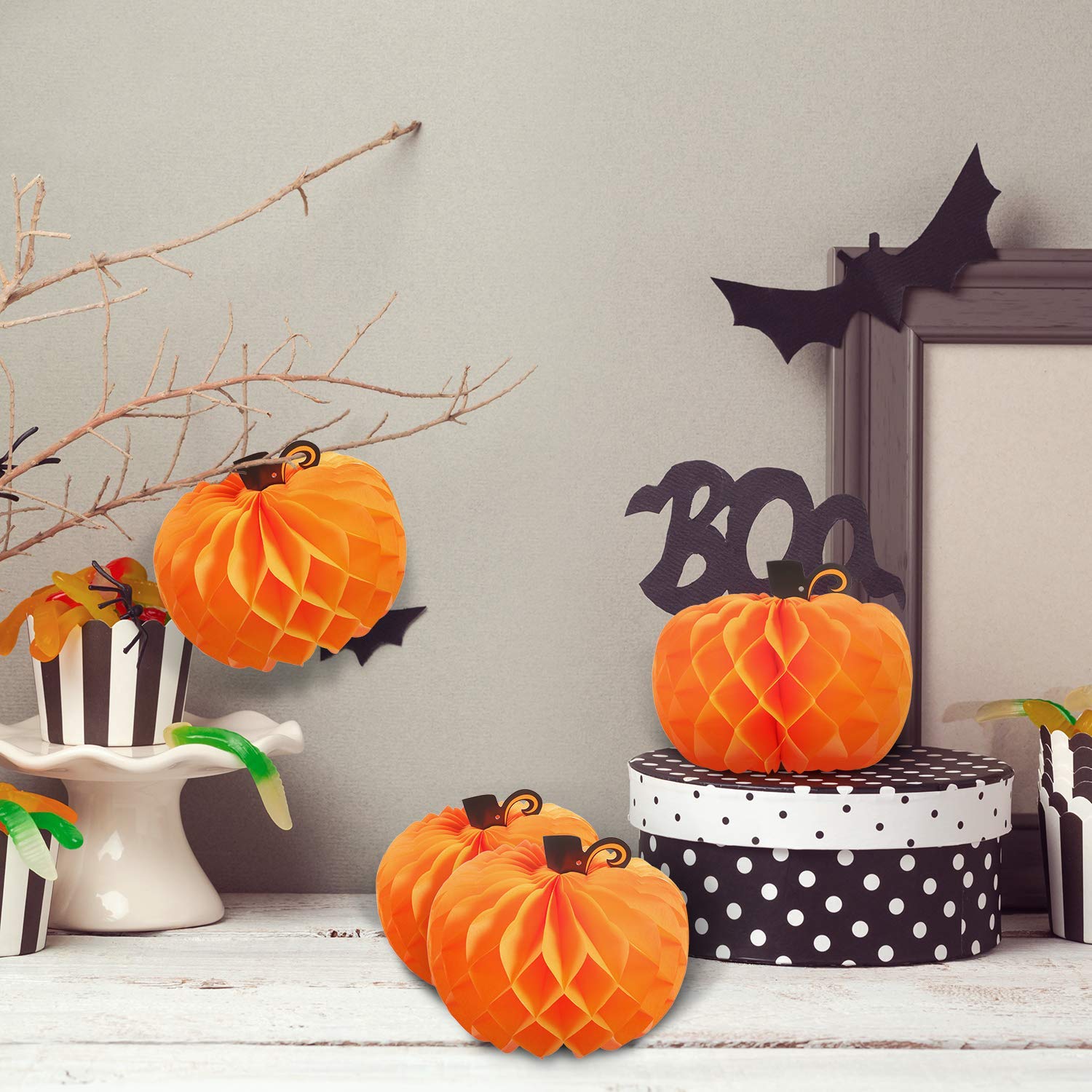 JOVITEC 6 Pack Thanksgiving Table Decor Honeycomb Pumpkins 10.2 Inch Paper Fall Hanging Pumpkin Decorations 3D Tissue Centerpieces for Halloween