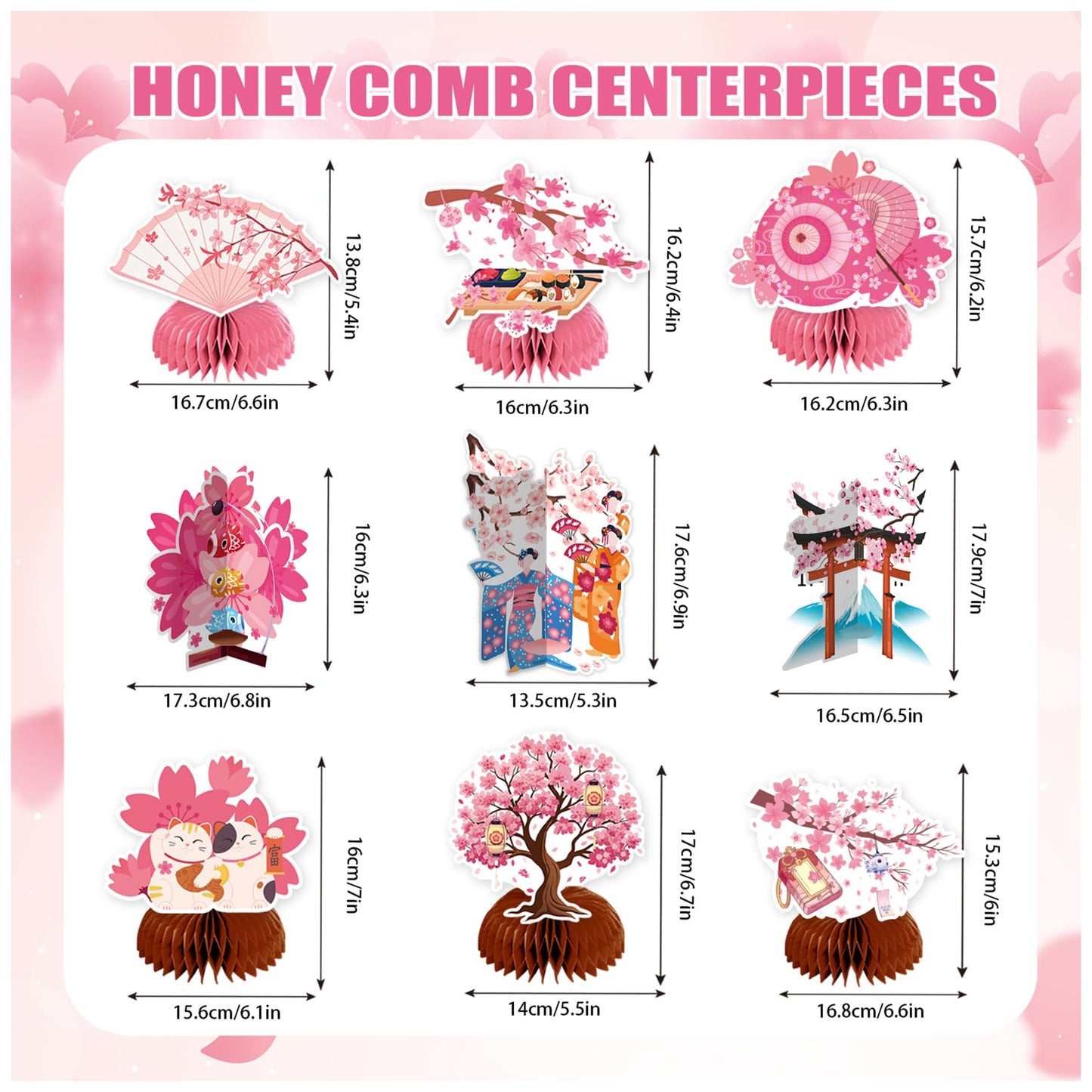 9 PCS Cherry Blossom Honeycomb Centerpieces for Table Decor, Cherry Blossom Table Decorations Table Toppers for Japanese Cherry Blossom Party