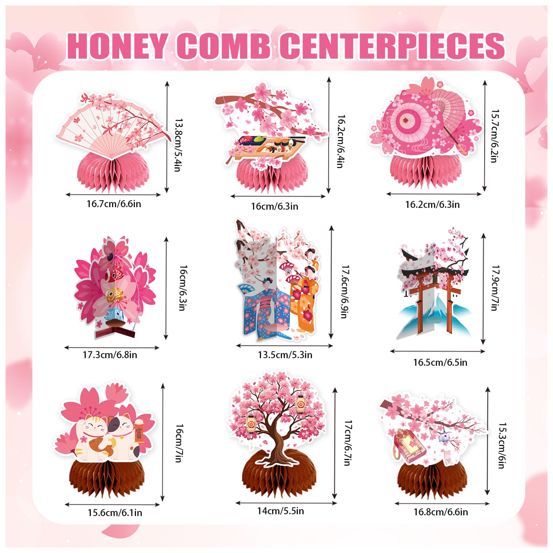 9 PCS Cherry Blossom Honeycomb Centerpieces for Table Decor, Cherry Blossom Table Decorations Table Toppers for Japanese Cherry Blossom Party