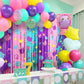 Cute Dollhouse Birthday Decorations, 2 Pack Dollhouse Party Photo Booth Prop, Purple Pink Teal Kitty Head Printing Fringe Curtains Tinsel Photo