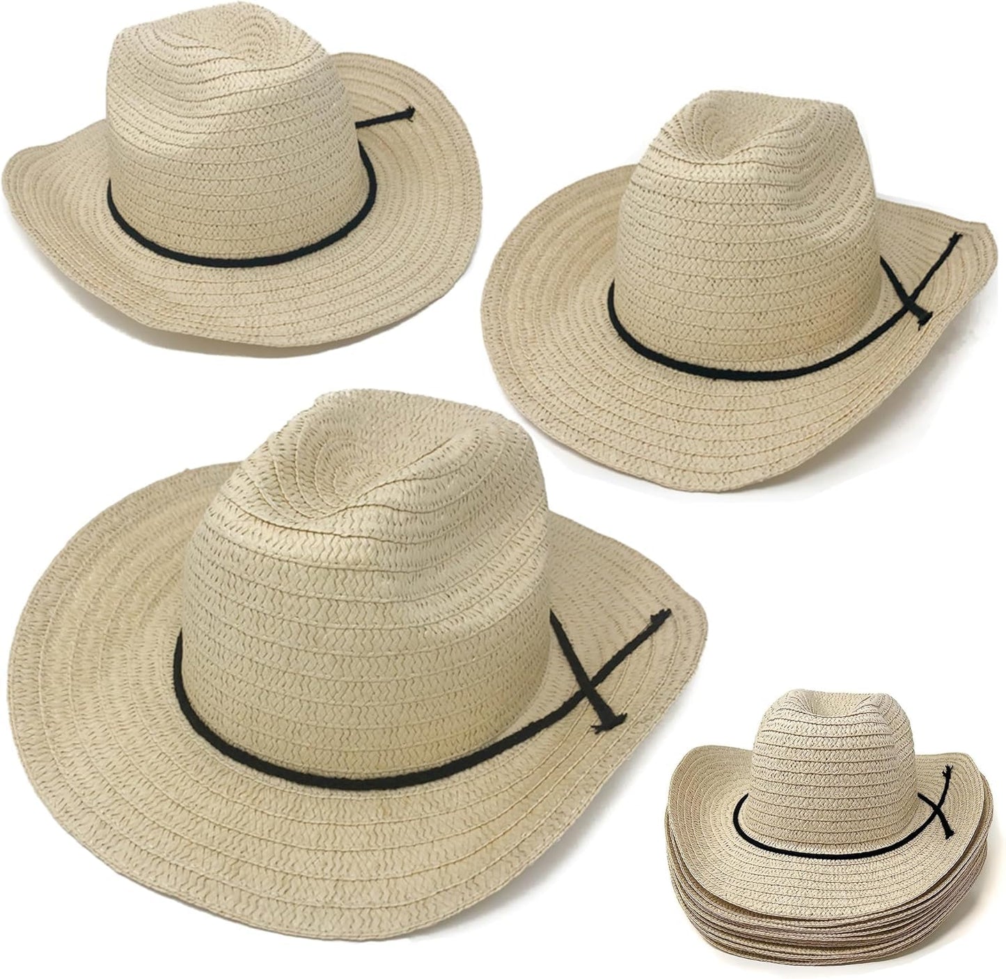 Podzly Straw Cowboy Hats 12 Pack - 24" Circumference Western Style - Plain