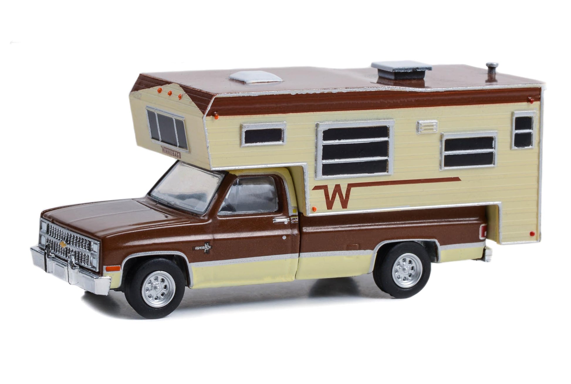 Greenlight 1:64 1982 C20 Silverado Camper Special with Winnebago Slide-in Camper - Dark Chestnut Metallic and Santa Fe Tan Deluxe Two-Tone 30407