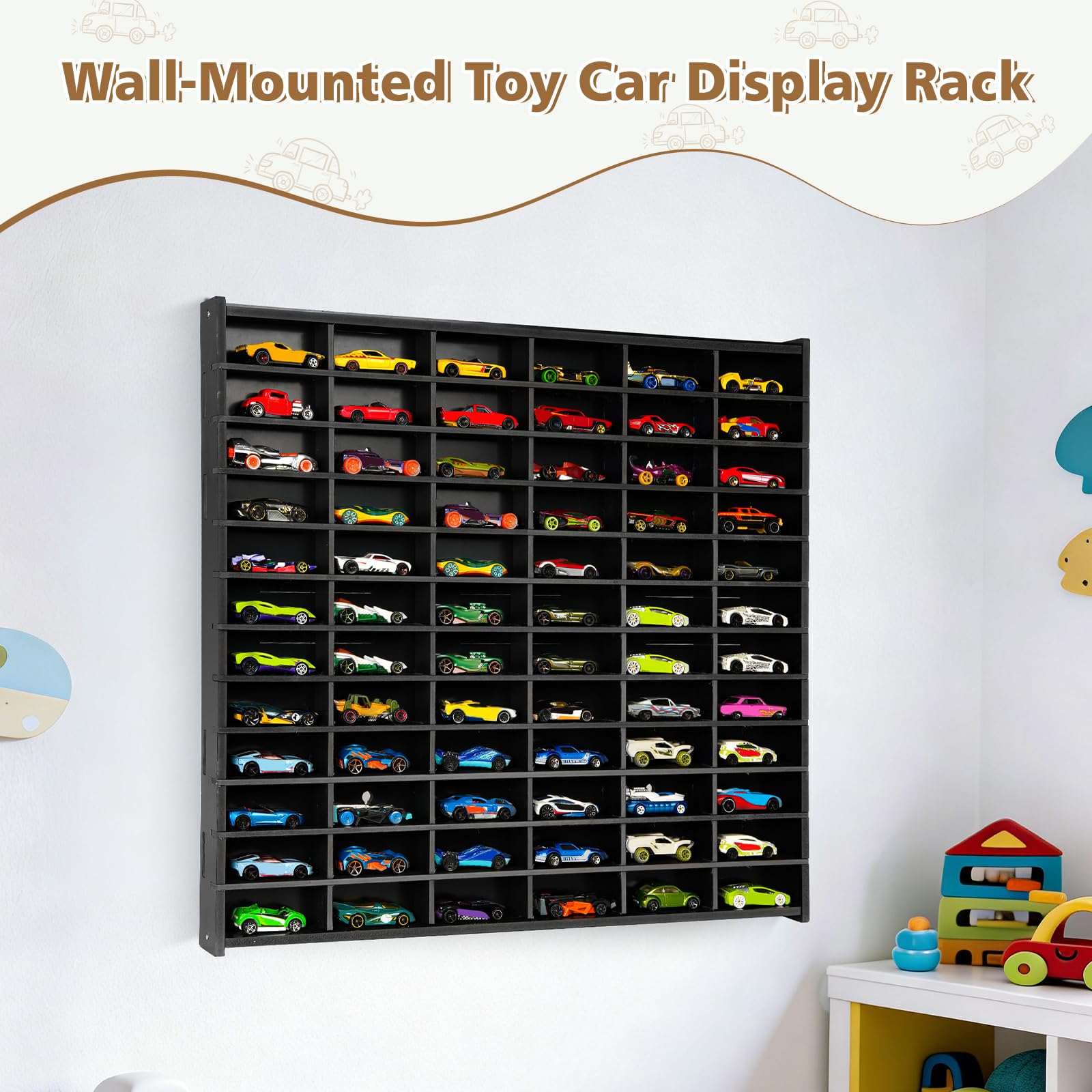 Arkiya Toy Car Storage Display Case, 72 Slots Model Car Display Shelf for 1/64 Scale Toy Cars, Wall Mount Organizer Rack for Diecast Models (Black)