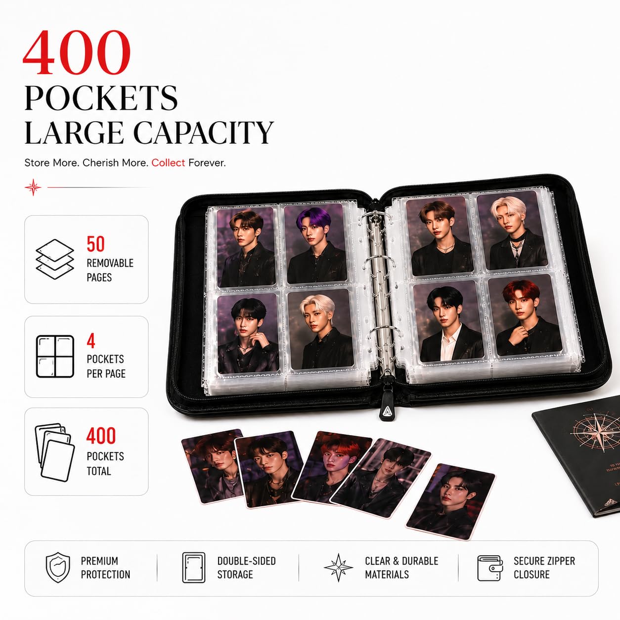 SKZ Photocard Binder 400 Pockets, Kpop Photocard Holder Album with 50 Removable Sleeves, Photo Card Binder for Fans, Waterproof 4-Pocket Card