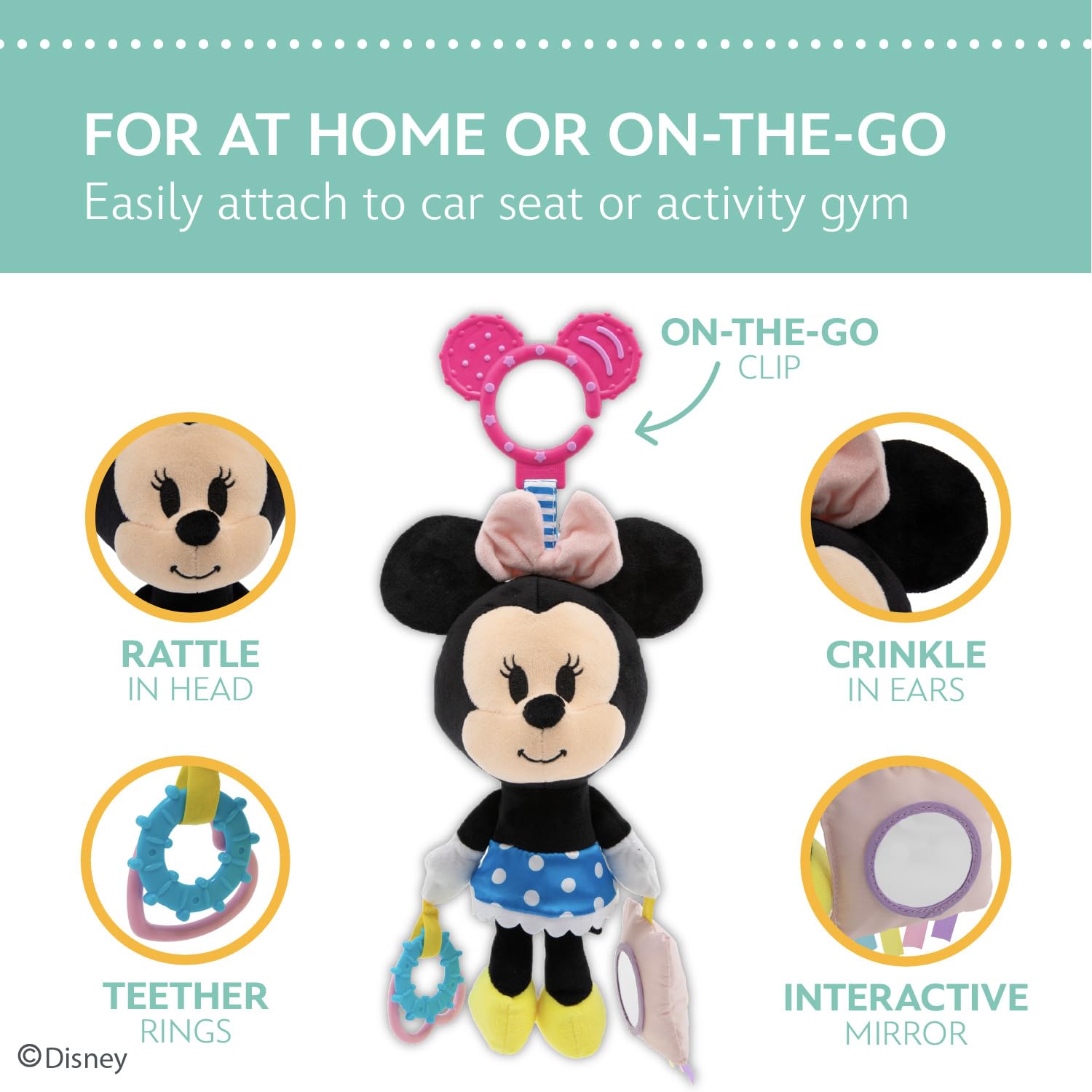 Disney Baby Minnie Mouse On The Go Activity Toy with Teething Rings, Crinkle Sounds, Mirror, and Rattle for Babies and Infants