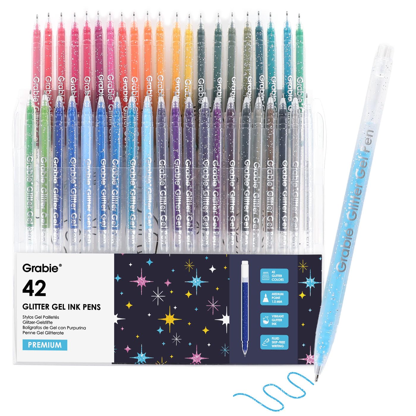 Grabie Set of 42 Glitter Gel Pens Set, Silver Sparkle Ink, 1.0mm Fine Tip Gel Pens for Adult Coloring Books, Journaling, Drawing, Scrapbooking, Smooth