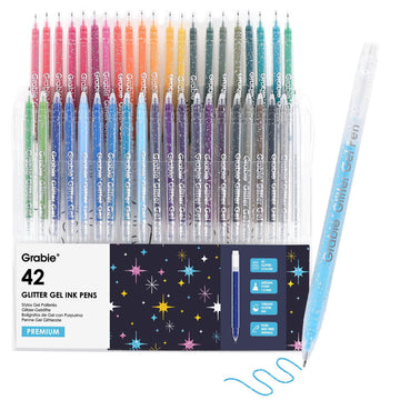 Grabie Set of 42 Glitter Gel Pens Set, Silver Sparkle Ink, 1.0mm Fine Tip Gel Pens for Adult Coloring Books, Journaling, Drawing, Scrapbooking, Smooth