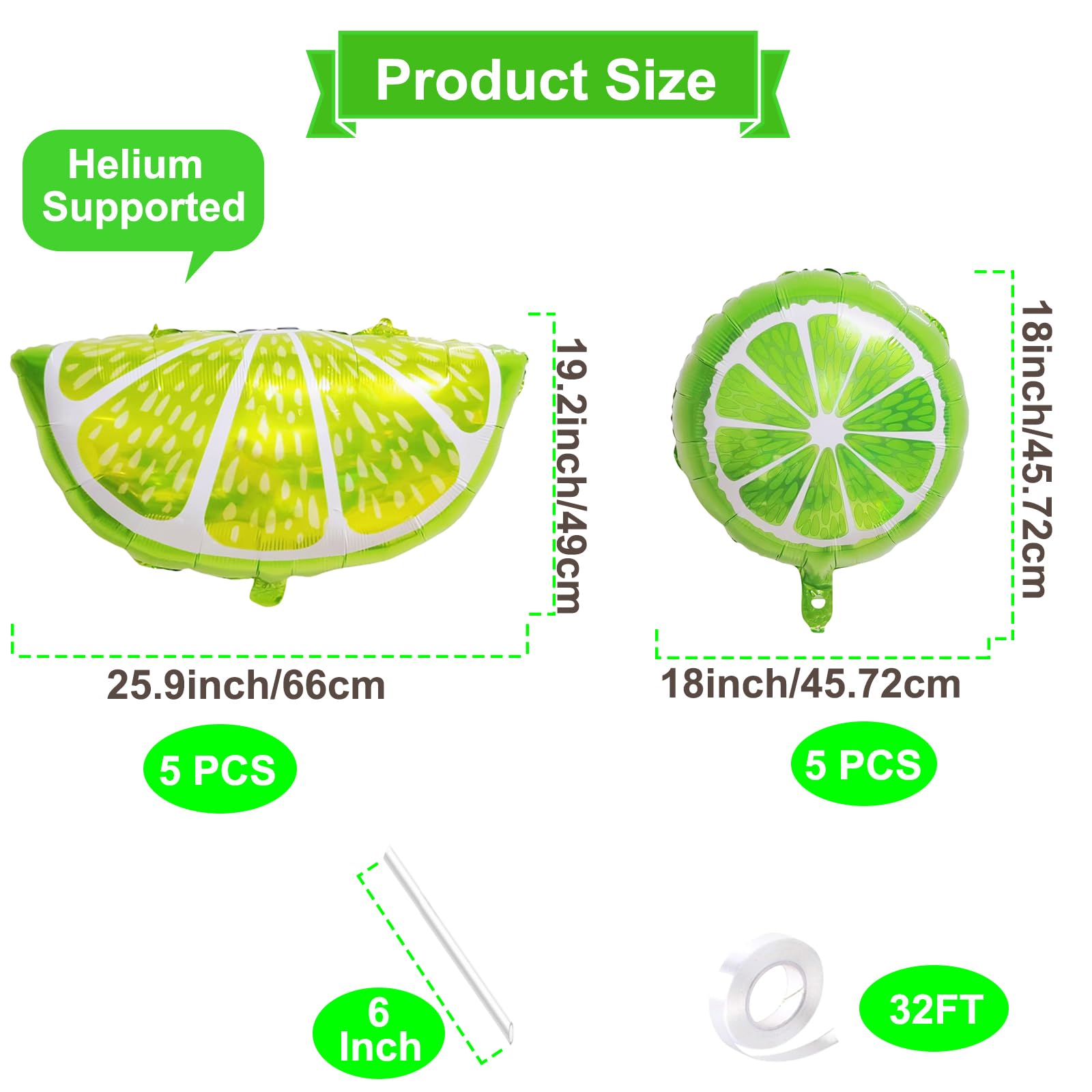 10 Pieces 2 Sizes Lime Slice Balloons Set - 5 Large 27 Inches and 5 Medium 18 Inches Green Citrus Lemon Fruit Shaped Mylar Balloons for Tropical Fruit