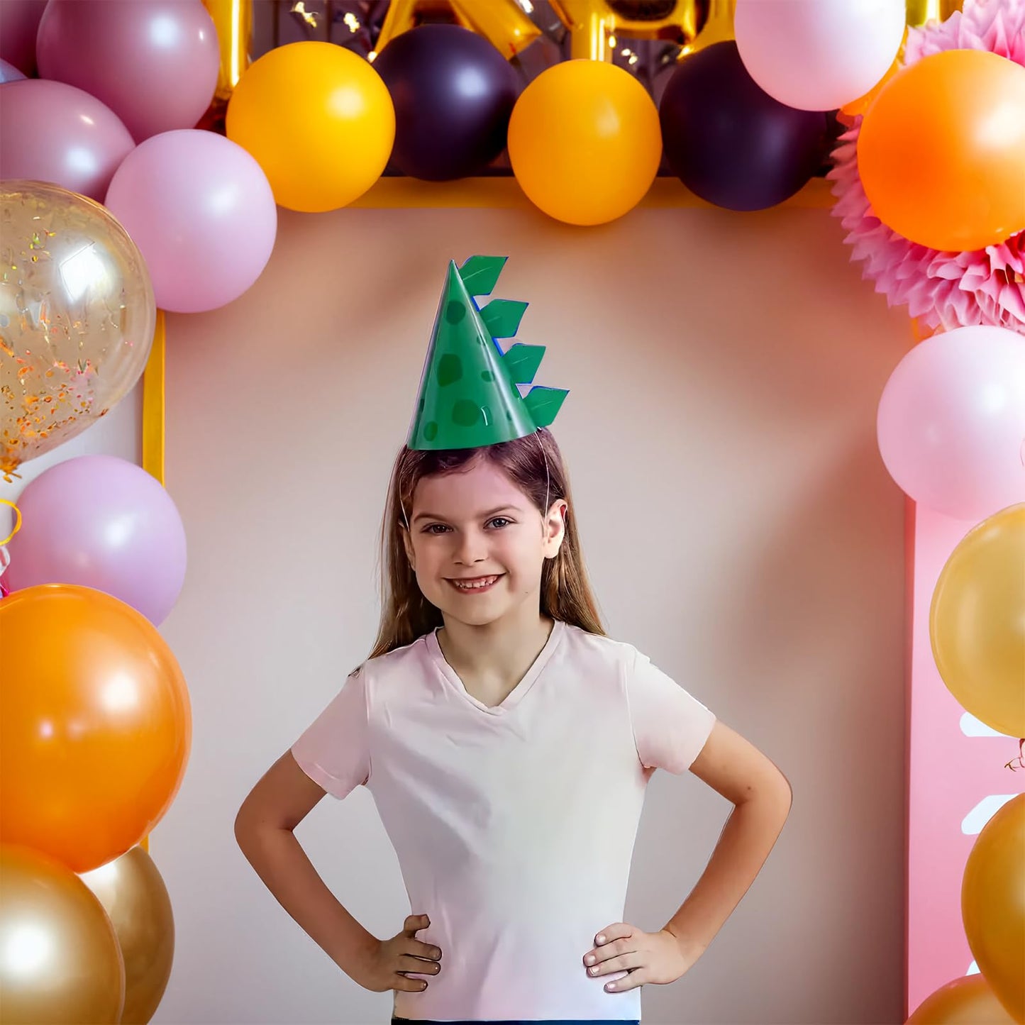 Unique Green Cone-Shaped Dinosaur Cardstock Party Hats (Pack of 8) - Perfect for Kids' Birthdays & Dino-Themed Celebrations