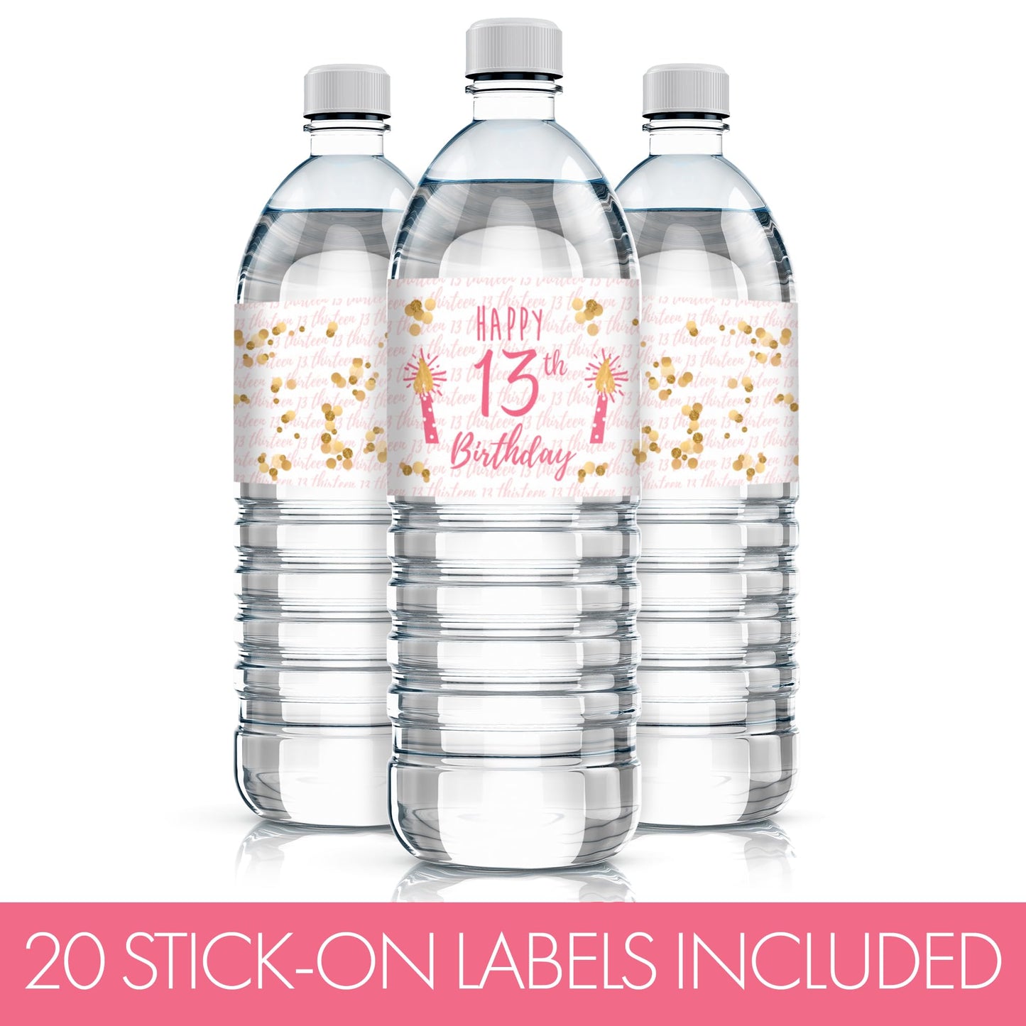 13th Birthday Water Bottle Labels - 20 Pink & Gold Waterproof Stickers for Girls Birthday Party Decorations, Supplies for Teen 13 Year Old Celebration