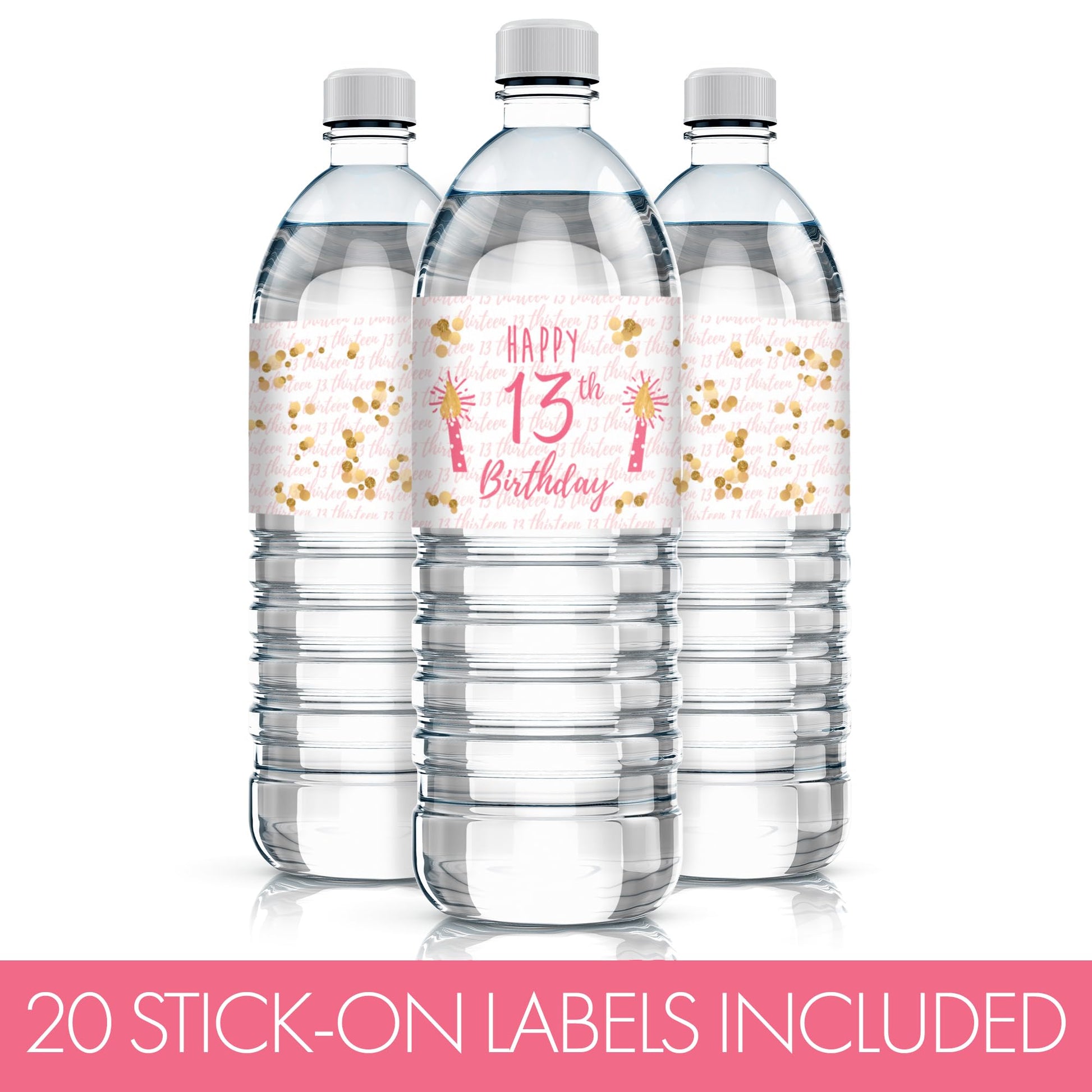13th Birthday Water Bottle Labels - 20 Pink & Gold Waterproof Stickers for Girls Birthday Party Decorations, Supplies for Teen 13 Year Old Celebration