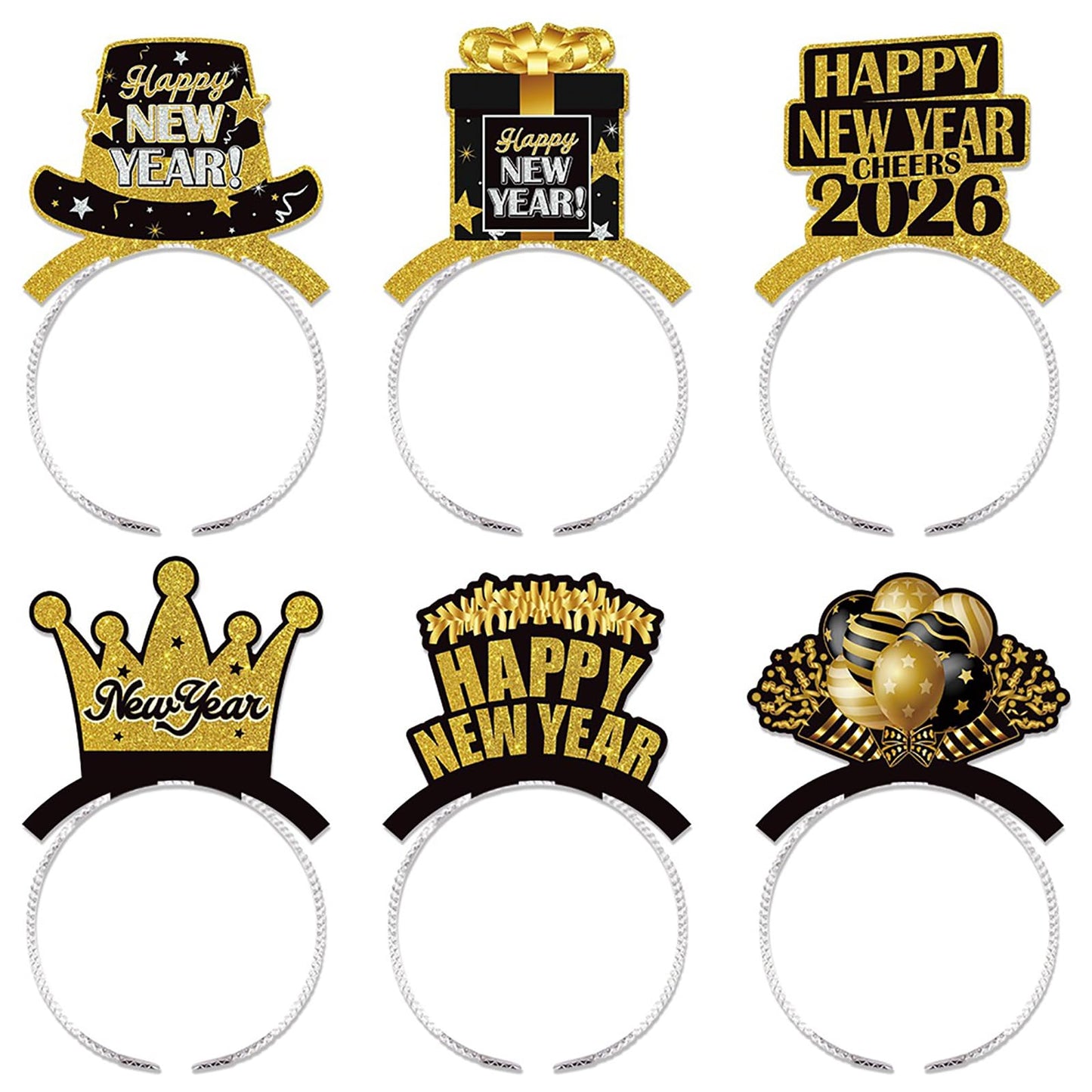 KALOR Sparkling 2026 New Year Headbands 6-Pack, Black Gold Glitter Party Headbands for New Year's Eve Party Supplies, Countdown Parties, No Assembly