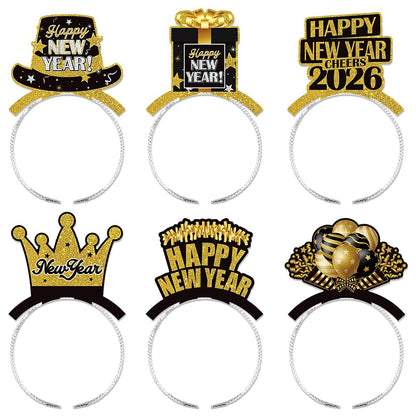 KALOR Sparkling 2026 New Year Headbands 6-Pack, Black Gold Glitter Party Headbands for New Year's Eve Party Supplies, Countdown Parties, No Assembly