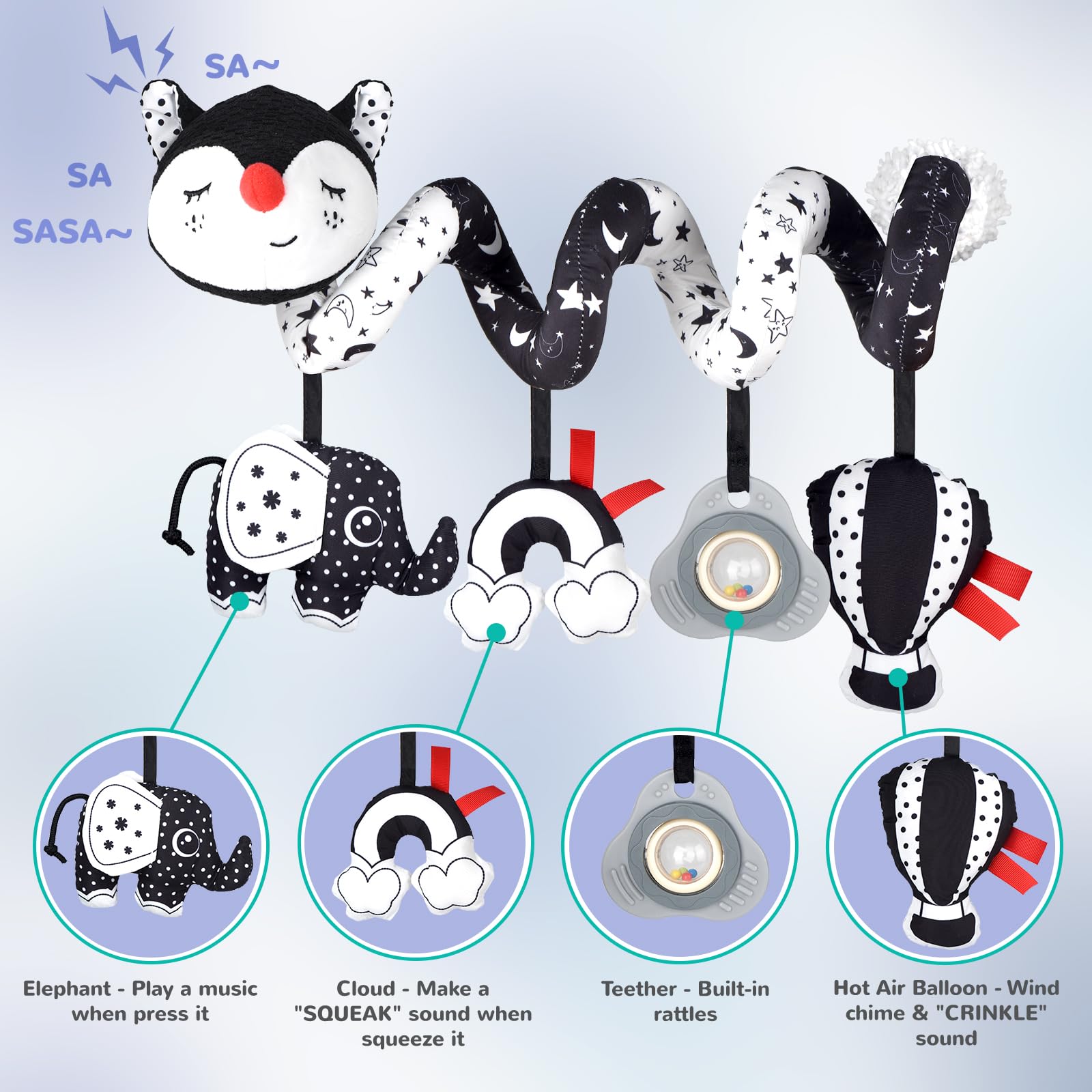 XIXILAND Musical Car Seat Toy Black and White Baby Toys, Infant Toys 0-6 Months Stroller Toy, High Contrast Newborn Developmental Gift for 0 3 6 9 12