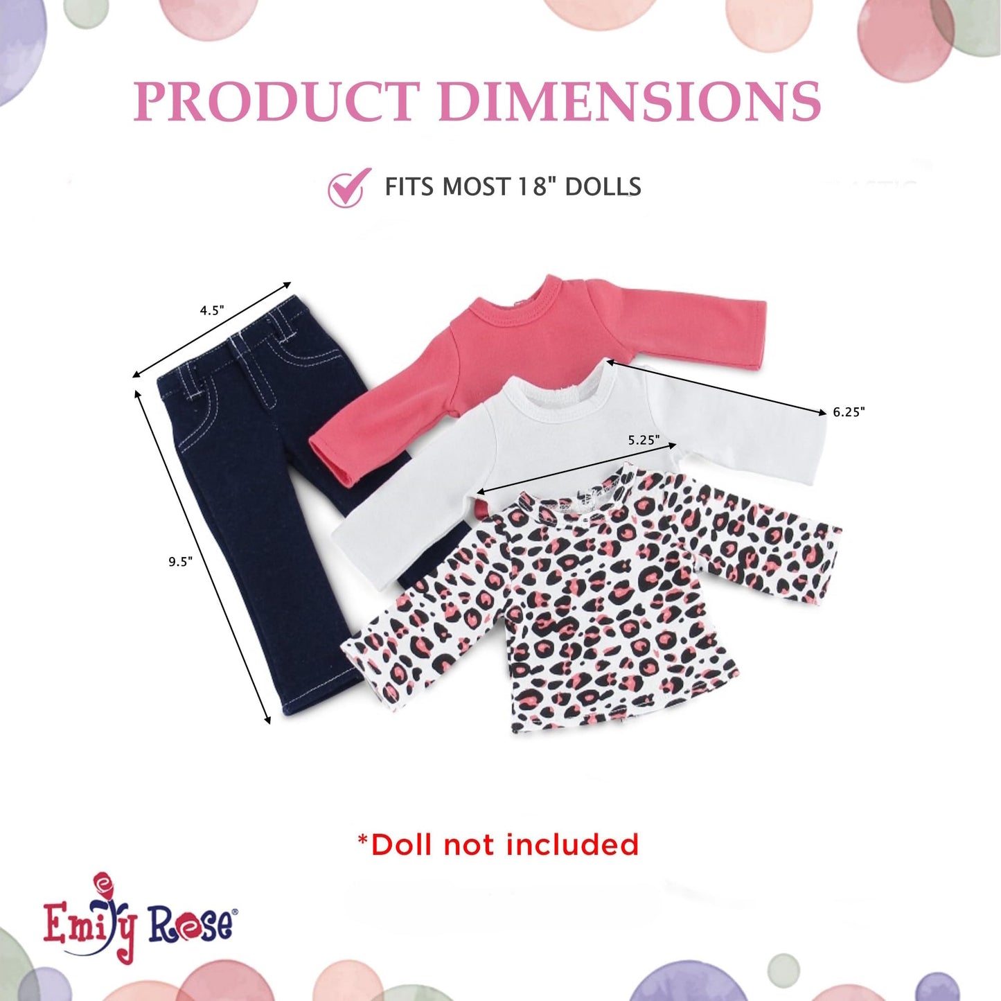 18 Inch Doll Jeans Outfit - Emily Rose 4PC Stretch Skinny Blue Jeans + 3 Long Sleeve Doll T-Shirts (White Pink Cheetah) - Basics Wardrobe Set for 18”