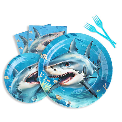 Shark Birthday Party Decorations - Shark Tableware Set, Paper Plate, Fork, Napkin, Ocean Under The Sea Theme Party Supplies for Baby Shower Boys