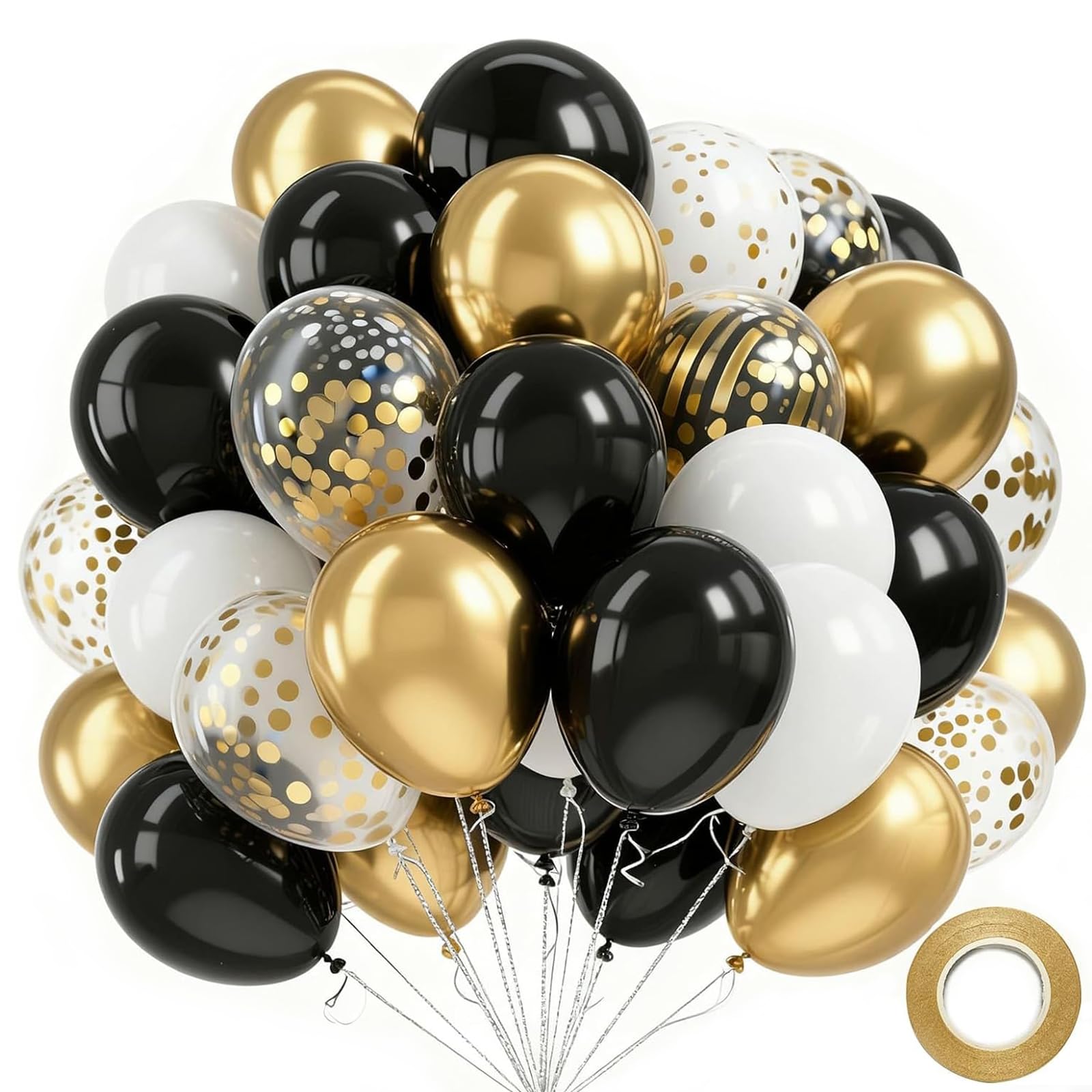 Black and Gold Balloons, 60PCS 12 Inch Confetti Gold and Black Balloons for Birthday, Wedding, Graduation, Baby Shower, Engagement Party Decorations