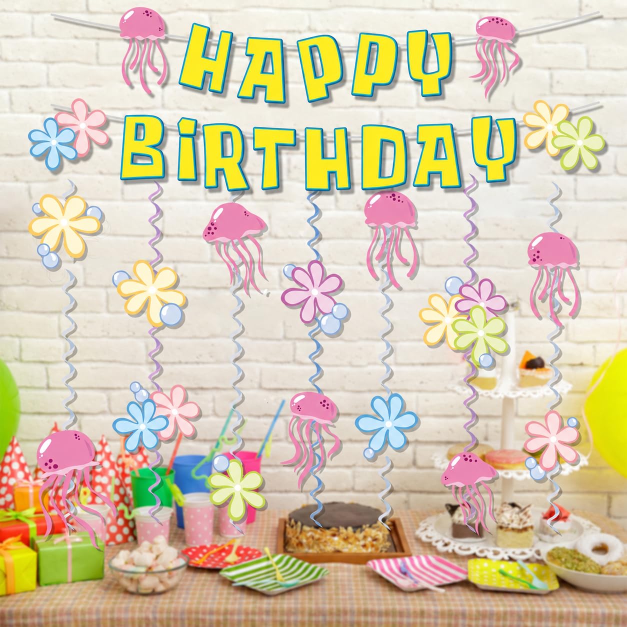 Ocean Carton Happy Birthday Banner Under The Sea Jelly Fish Hanging Swirls Garlands Sea Animals Hanging Banner for Birthday Party Decorations Supplies