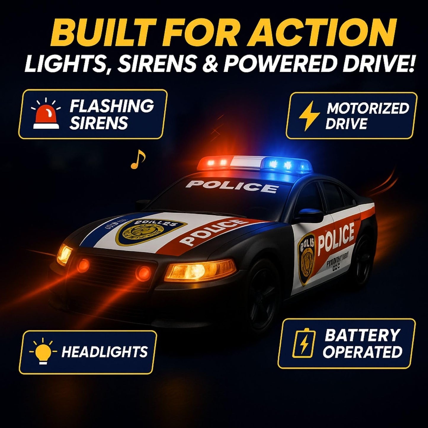 Liberty Imports Motorized Police Cruiser Kids Toy Cop Car Electric Model Rush & Rescue Vehicle 1/16 Scale with Button Activated Forward Reverse