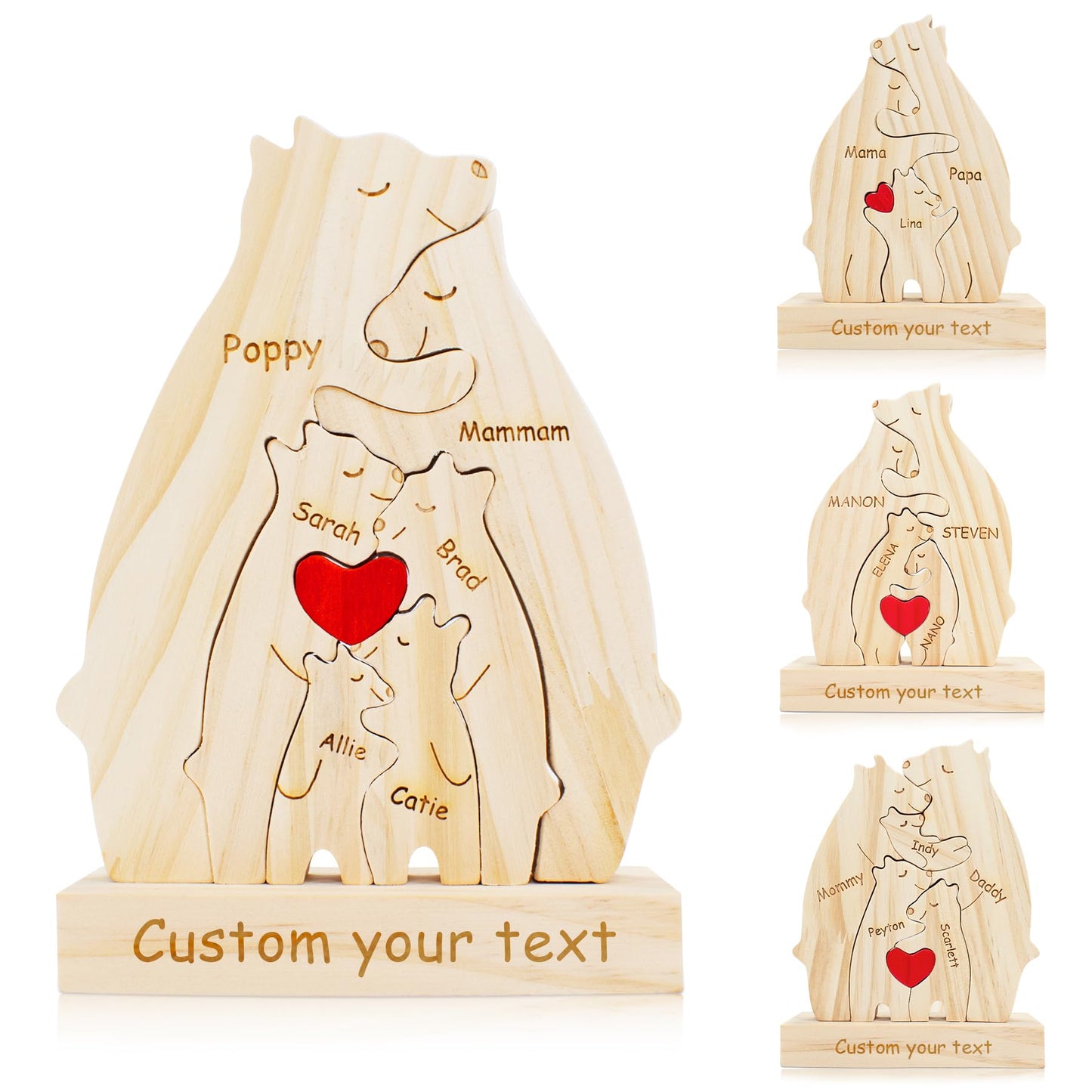 Personalized Wooden Bear Puzzle with 2-10 Family Name and Base,Custom Wooden Bear Decorative with Heart Loving for Christmas Family Bear Sculpture