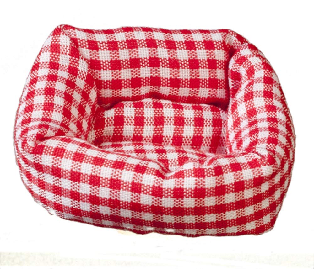 Dolls House Check Dog Cat Bed Red Gingham Fabric 1:12 Pet Accessory