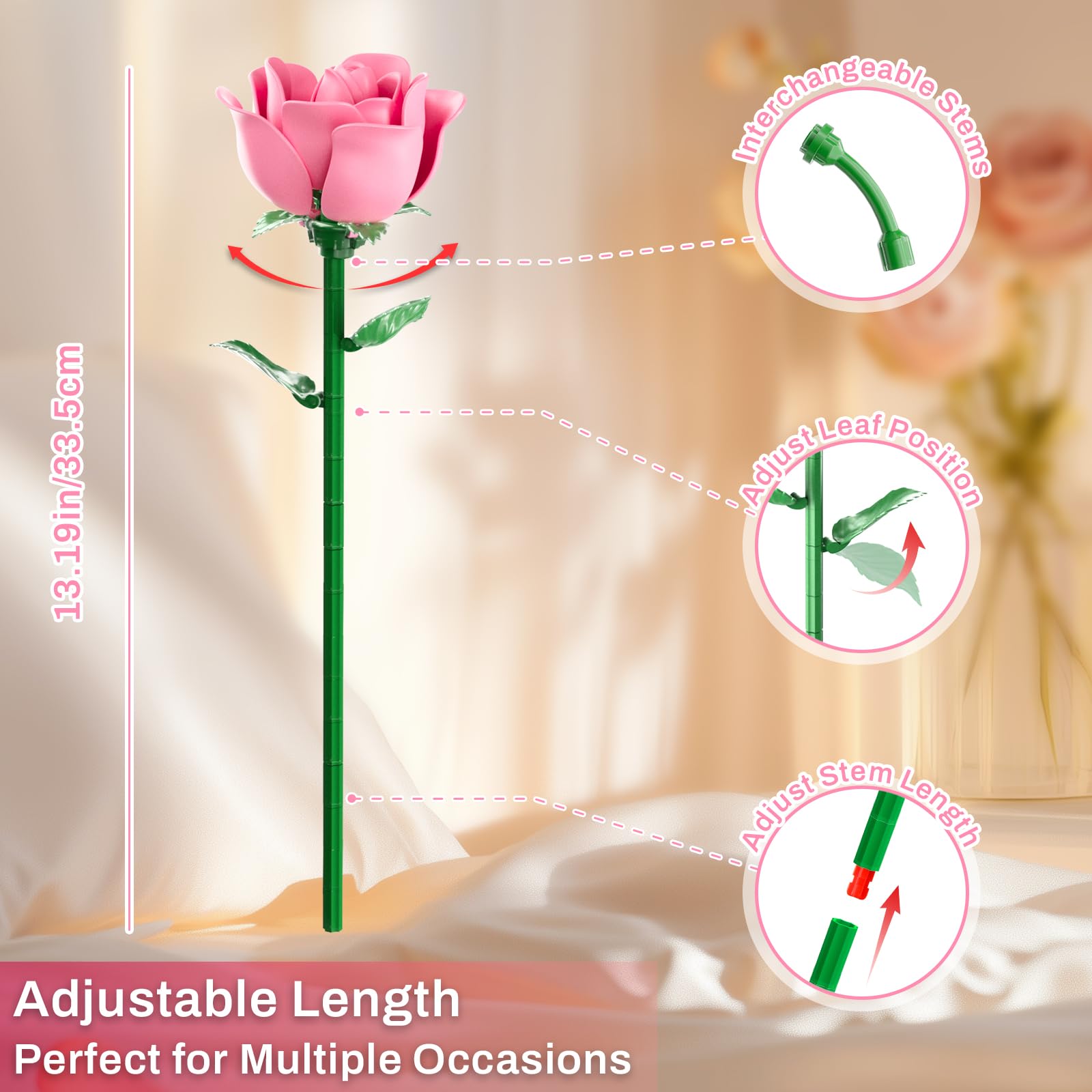 Pink Rose Bouquet Building Set, Compatible with Lego Flowers for Adults Women, Botanical Collection Gift for Mother's Day & Valentine's Day Artificial