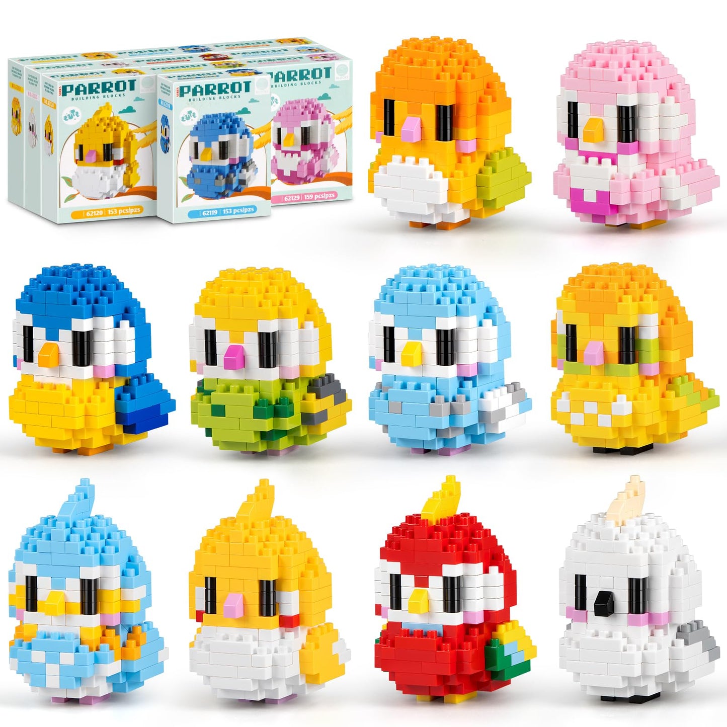 IBLOTIME Micro Parrot Building Sets Easter 10 Pack Mini Bird Animal Brick Kits Creative Micro Bricks Display Gift Christmas Birthday Ages 14+