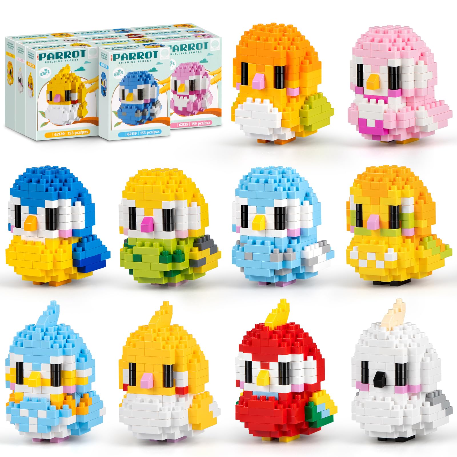IBLOTIME Micro Parrot Building Sets Easter 10 Pack Mini Bird Animal Brick Kits Creative Micro Bricks Display Gift Christmas Birthday Ages 14+