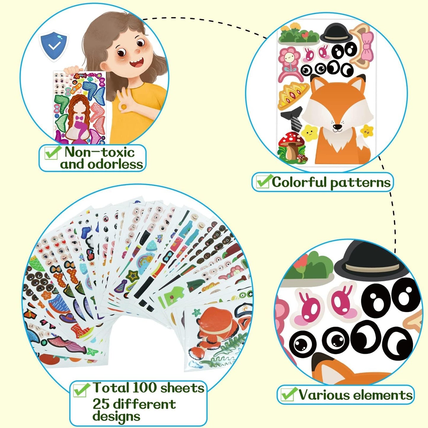 100 Pack DIY Make Your Own Animal Face Stickers - 25 Designs, Funny Mermaid Princess Prince Face Stickers for Kids, Party & Festival Favor, School