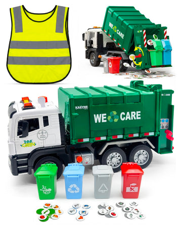 KARYNE TOYS Garbage Truck Toys for Toddlers 1-3+ Age, Includes Safety Vest, 4 Trash Bins, 40 Learning Cards with Lights & Sounds, Trash Truck Toy Set