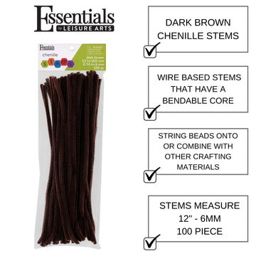 Essentials By Leisure Arts Chenille Stems Dark Brown, 12 Inch 6mm, Bendable Craft Pipe Cleaners for DIY Projects, Dolls, Ornaments, Jewelry,